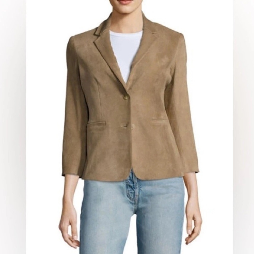 The Row Women's Tan Suede Lambskin Two-Button Blazer Sz 6 3/4 Sleeves FLAW